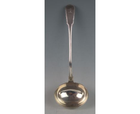 A George IV silver Fiddle &amp; Thread pattern soup ladle, maker Richard Poulden, London, 1821, crested, 33cm long, 275gms, 8