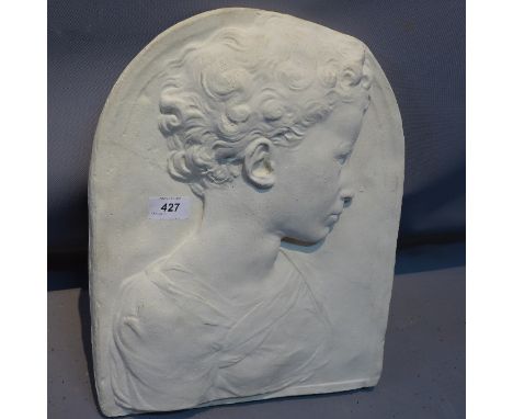 A white painted pottery plaque depicting a portrait of a young girl. H-41cm