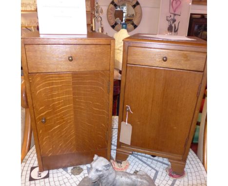 A near pair of art deco oak side cabinets with one drawer above one cupboard door raised on plinth and bracket bases.