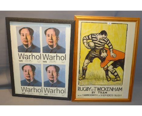 A 2002 transport poster for rugby at Twickenham by Tram together with an Andy Warhol Tate poster. 