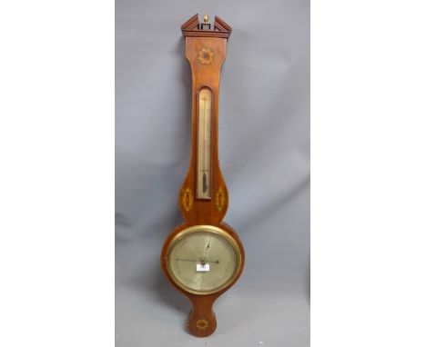 A 19th Century mahogany banjo barometer with marquetry inlay and signed Barnoschoni. H-99cm 