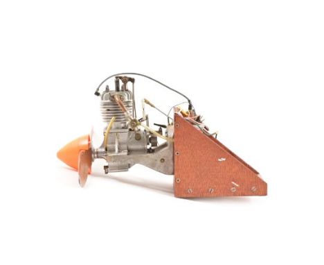 KIWI 15cc OHV Home built petrol engine mounted on wooden test rig complete with electrics and fuel tank.