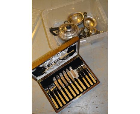 Silver plated three piece tea service, cased set of silver plated fish knives and forks and other miscellaneous silver plate 