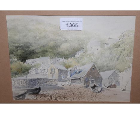 20th Century watercolour, harbour scene with various cottages, possibly Cornwall, a framed charcoal sketch, street scene, mon