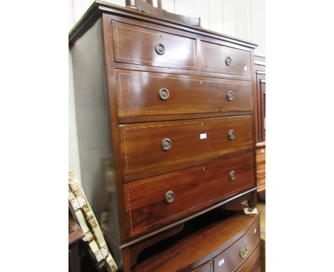 Edwardian mahogany chequer line inlaid straight front chest of two short and three long drawers with circular ring handles on