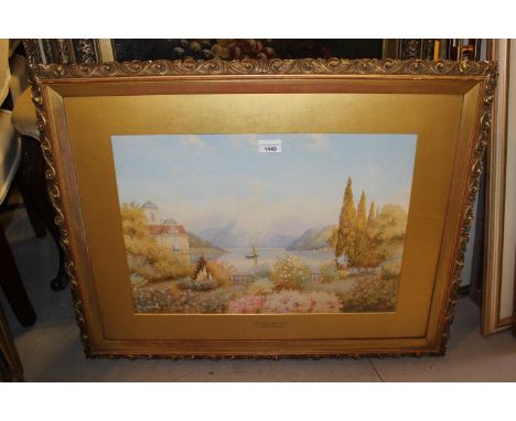 R. Hollands Walker, watercolour, Lake Como with house and flowering garden to the foreground, signed, gilt framed, 14ins x 19