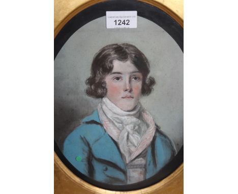 Late 18th or early 19th Century English school, pastel drawing, portrait of a young man wearing a blue jacket, 9.75ins x 7.75