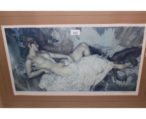 Sir William Russell Flint, artist signed print, semi nude reclining figure published Frost and Reid 1963, 12.5in x 23in, gilt