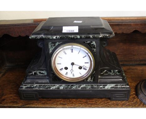 19th Century black slate and green flecked marble mantel clock having circular dial with Arabic numerals and two train moveme
