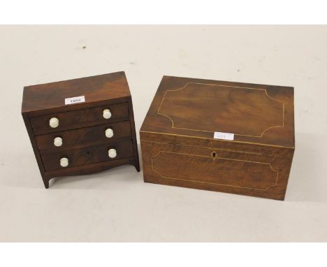 19th Century mahogany three drawer apprentice chest with ceramic knob handles together with a 19th Century mahogany and line 