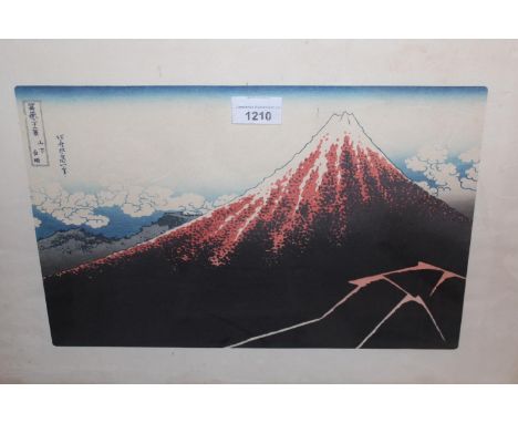 Japanese wood block print, view of Mount Fuji, together with a pair of modern Chinese soapstone pictures of flowers and a Chi