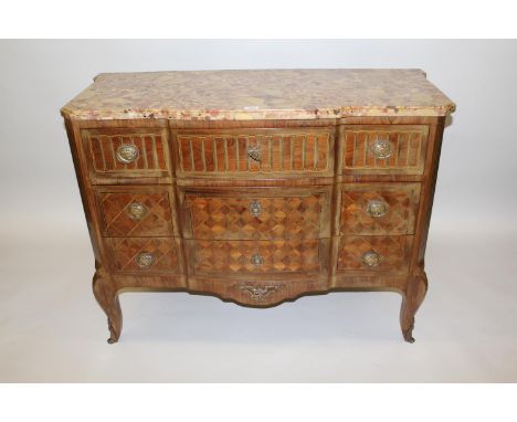 French Kingwood parquetry inlaid ormolu mounted commode with a breche marble top above three drawers on cabriole supports 
