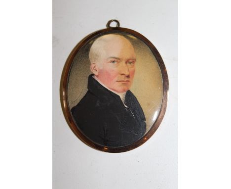 19th Century oval miniature watercolour, head and shoulder portrait of a gentleman, oval gilt framed 