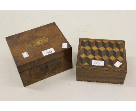 Small Victorian figured walnut and marquetry inlaid tea caddy, together with a small mahogany box with parquetry inlaid lid 