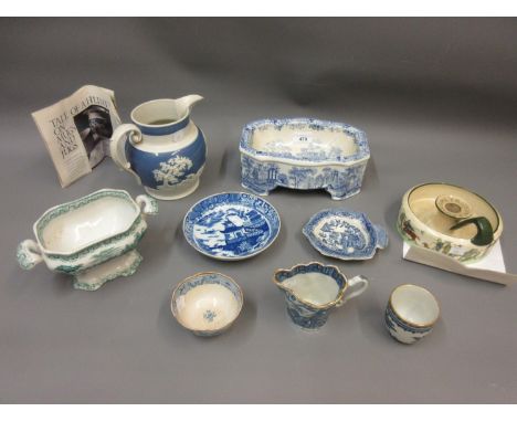 19th Century blue and white transfer printed dog bowl (at fault), together with a small quantity of other miscellaneous blue 