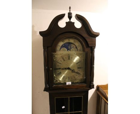 Reproduction mahogany Grandmother clock, the silvered dial with moon phase aperture and three train movement striking on gong