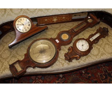 19th Century line inlaid mahogany five glass barometer (for restoration), 20th Century carved oak barometer / thermometer and