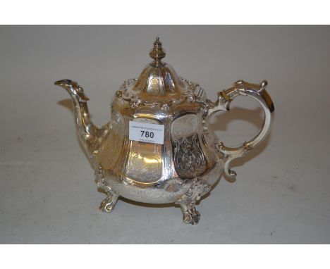 Victorian Edinburgh silver teapot of faceted waisted form with engraved and cast decoration, makers mark D.G.There are some d