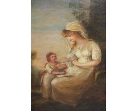18th / 19th Century oil on canvas, portrait of a mother and child in a landscape, unsigned, 24ins x 19.75ins, unframed 
