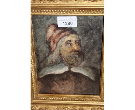Attributed to Karl Haag watercolour, portrait of a Medieval gentleman, monogrammed twice, 7.5ins x 5.5ins 