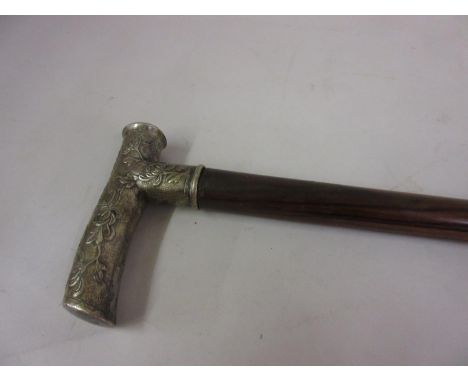 Chinese floral embossed silver and rosewood walking cane 