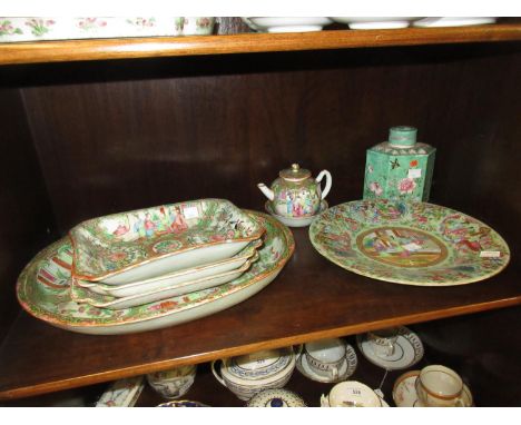 19th Century Canton famille rose oval dish together with three similar smaller rectangular dishes, similar plate, teapot and 