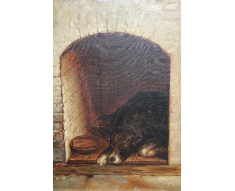 19th Century oil on canvas, portrait of a dog sleeping in a kennel, indistinctly signed, 13.5ins x 9.5ins 