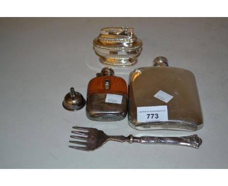 Small silver plated and leather mounted hip flask with funnel, another hip flask, a Ronson ' Queen Anne ' table cigarette lig