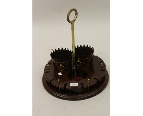 Reproduction circular mahogany gilt brass mounted decanter stand together with a pair of small reproduction toleware jardiner