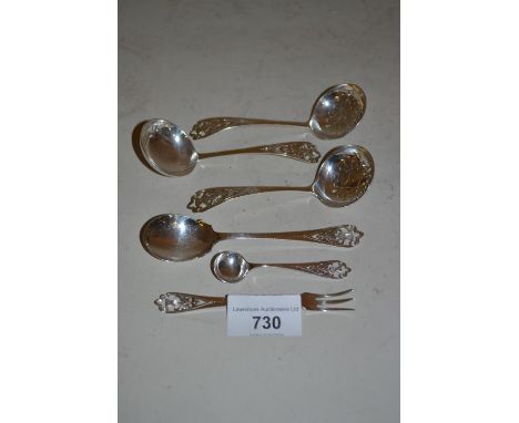 Pair of Scottish silver sifter spoons with pierced Thistle pattern handles, a matching toddy ladle, jam spoon,  pickle fork a