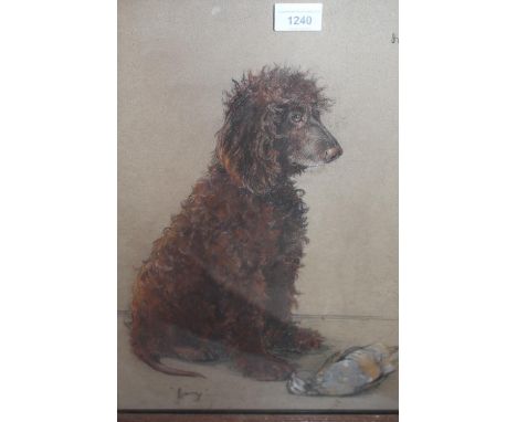 Frances Ridout, coloured chalks on buff paper, portrait of a seated dog with dead game ' Joy ', 18ins x 15ins, in an oak fram