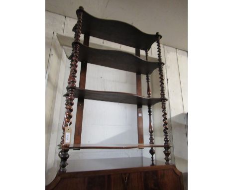 Victorian walnut four shelf wall bracket with baluster and barley twist uprights23ins wide x 9ins deep x 33ins high.In good c