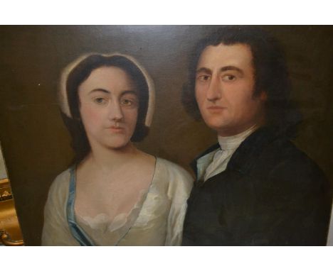 19th Century oil on canvas, dual portrait of a husband and wife, unsigned, 24ins x 28.5ins, unframed 