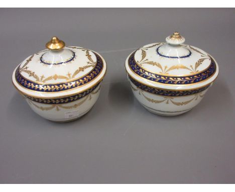 Near pair of late 18th or early 19th Century English porcelain sucrier, probably Worcester, decorated in blue and gilt, 5.75i