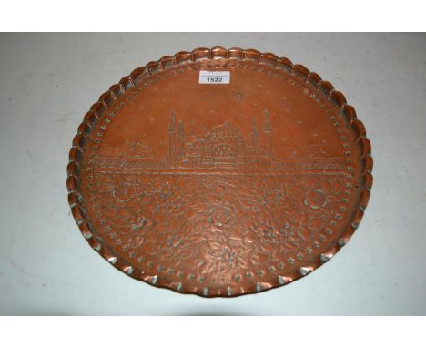 Embossed copper plaque of the Taj Mahal marked ABJ, circular brass floral engraved plate, brass engraved octagonal tray and a