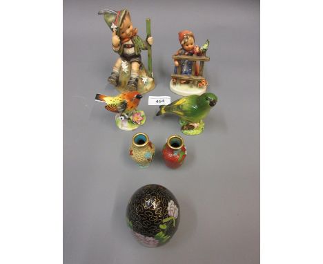 Two Beswick figures of birds, Goebel figure of a seated boy, another of a girl at a gate and three small items of cloisonne 