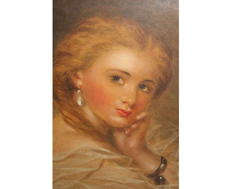 Richard Buckner, oil on canvas, portrait of a lady wearing pearl earrings, signed R. Buckner, 18ins x 14ins, gilt framed 