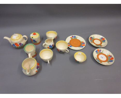 Clarice Cliff Royal Staffordshire Newport pottery part tea service decorated in Crocus patternSome paint losses, otherwise in