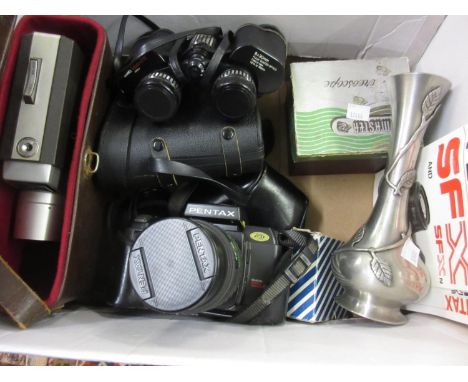 Pentax camera, pair of cased binoculars and a cine camera etc 