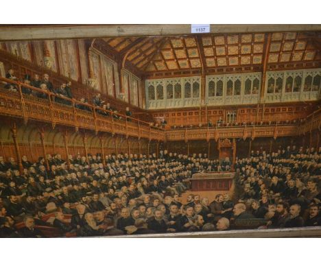 Large gilt framed coloured print depicting members of the House of Commons, 22ins x 37ins 