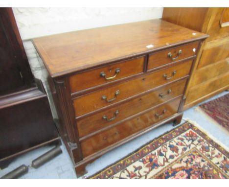 19th Century mahogany crossbanded chest of two short over three long graduated drawers flanked by reeded quarter pilasters, w