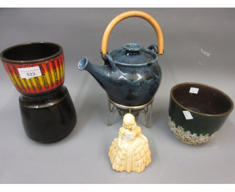 Poole Pottery vase, a West German pottery vase, porcelain figure and a teapot on stand 