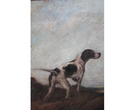 18th / 19th Century English school, oil on canvas, portrait of a gun dog in a landscape, indistinctly signed, 16ins x 13ins, 