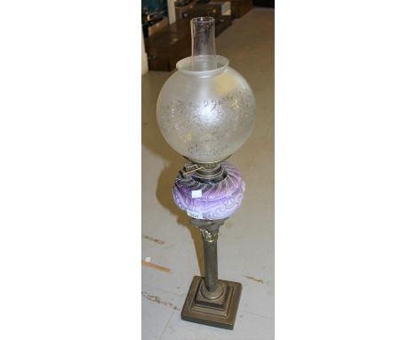 Victorian brass Corinthian column oil lamp, a pair of Moroccan brass mounted glass ball form light fittings and an opaque gla