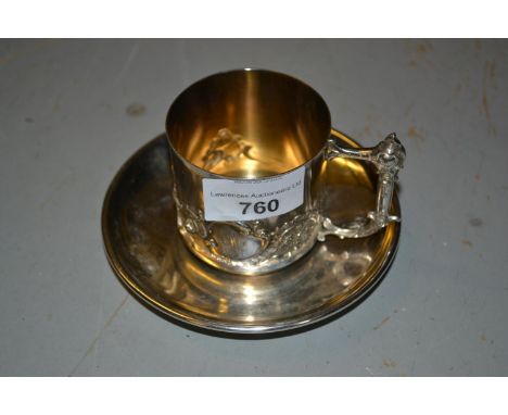 Continental (800 mark) cup and saucer, marked R. Petri, engraved with initials and date 1909 