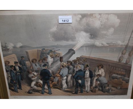 19th Century maplewood framed lithograph, inscribed ' Sketch on the quarter deck of H.M.S. Bulldog ' 1854, 13.5ins x 17.5ins 