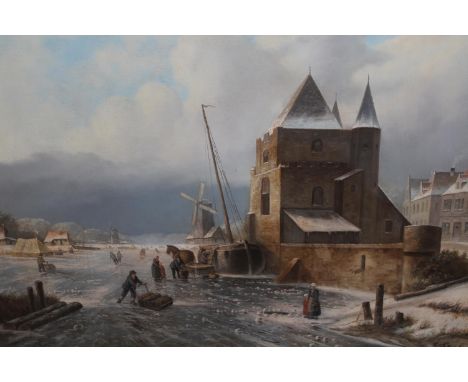 R. Steffan, oil on canvas, Dutch winter scene with figures on a frozen river, signed, 25.5ins x 30.5ins, unframed 
