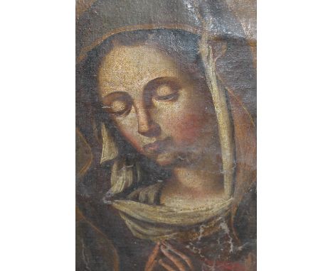 18th Century Continental school, oil on canvas, portrait of the Madonna (unstretched and applied to board), 15ins x 12ins app