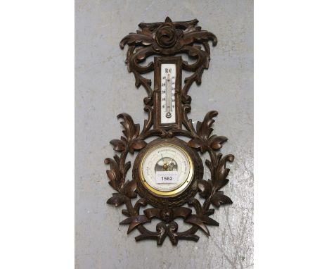 Early 20th Century Continental carved oak aneroid barometer thermometer 