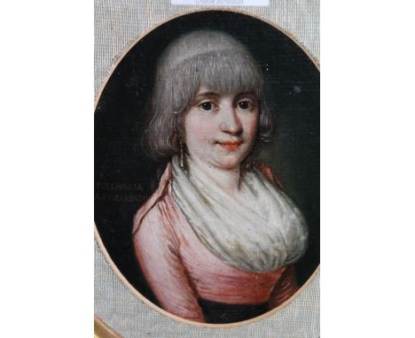 Domenico Zeni, 1762 - 1819, a small oval oil painting on canvas laid down, portrait of a lady in pink, inscribed Pulcheria Al